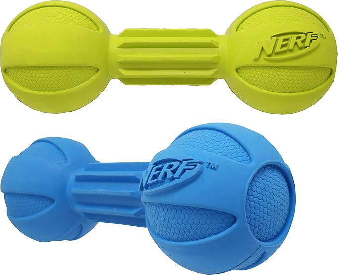 Nerf Dog Chewable Barbell Dog Toy, Lightweight, Durable and Water Resistant, 7.5 Inches, for Medium/Large Breeds, Two Pack, Blue and Green (8953)