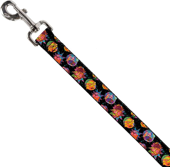 Rick and Morty Pet Leash, Dog Leash, Rick and Morty Vaporwave Expressions Scattered Multi Color, 6 Feet Long 1.5 Inch Wide