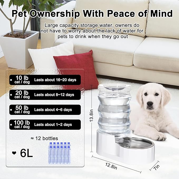 RIZZARI Automatic 6L Pet Waterer,Gravity Stainless Steel Water Dispenser, 100% BPA-Free, Large Capacity Water Feeder for Cats and Medium and Large-Sized Dogs