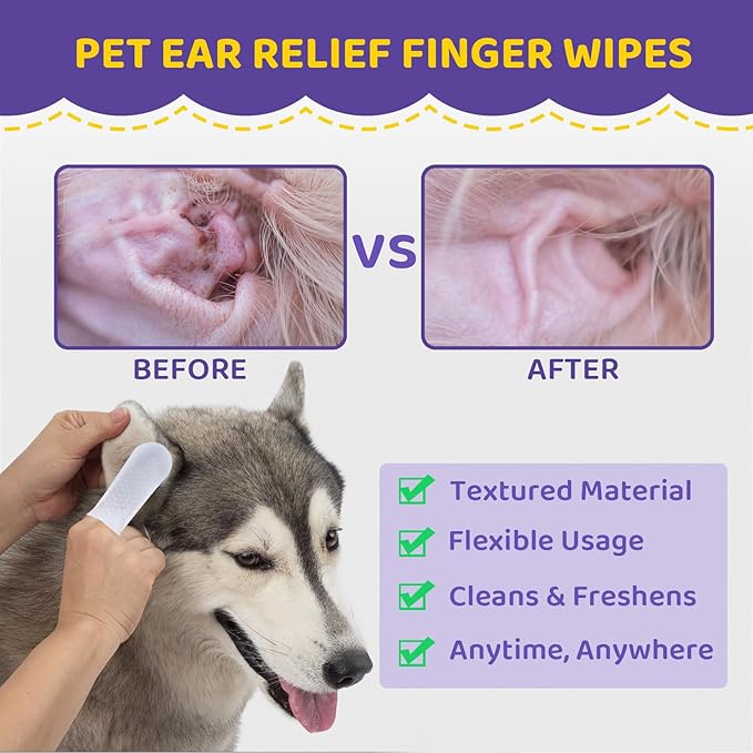 Dog Ear wipes Finger - Ear Finger Wipes for Dogs & Cats - Pet Ear Cleaning Finger Wipes - Sooths & Deodorizes, Prevent Ear Itch & Inflammation – Fresh Coconut Scent, All Natural Ingredients - 60 Count