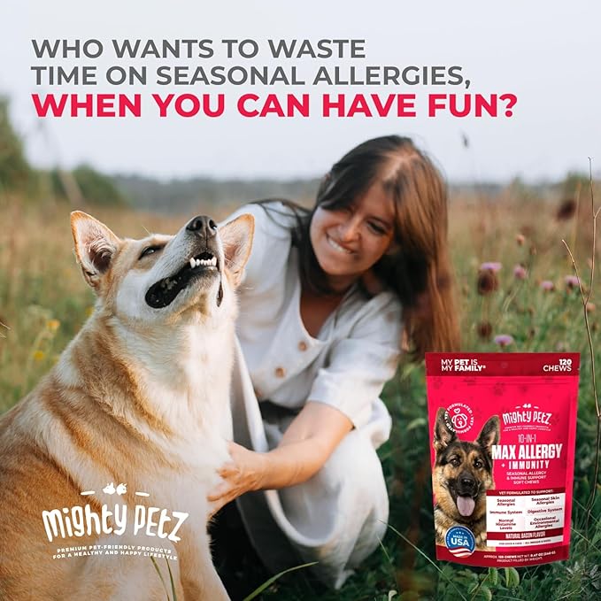 Mighty Petz MAX Dog Allergy Relief Chews - Itch Relief for Dogs. Dog Allergy Chews, Seasonal Allergies, Dog Itchy Skin & Immune Support Supplement. Colostrum & Probiotics