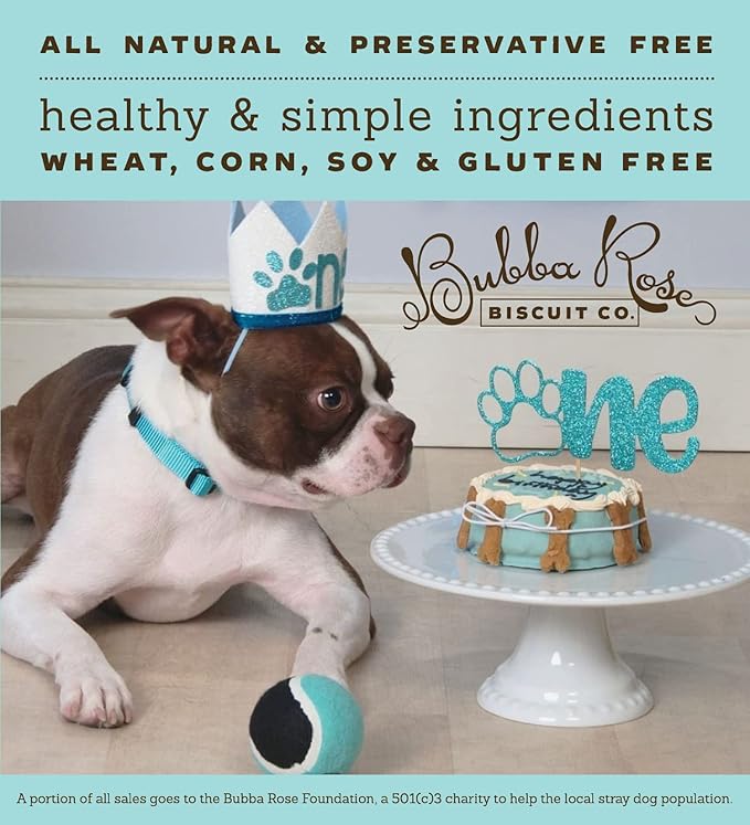 Bubba Rose Biscuit Company: Blue Dog Birthday Cake - Crunchy Biscuit Texture - Natural Gourmet Dog Treat - Dog Cake - 4.25” 1 Count - Made in The USA