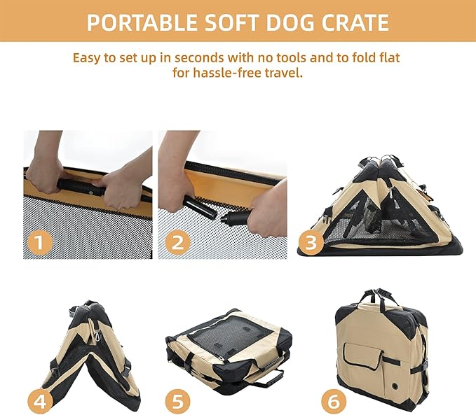 26 Inch Collapsible Dog Crate for Medium Dogs, 4-Door Foldable Soft Dog Kennel with Chew Proof Mesh Windows, Indoor & Outdoor Travel Dog Crate, Soft Side Dog Crate,Beige