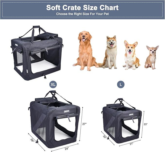 JESPET 30'' Soft Dog Crates Kennel for Pets, 3 Door Soft Sided Folding Travel Pet Carrier with Straps and Fleece Mat for Dogs, Cats, Rabbits, Grey Blue, Beige & Black (30”L x 21”W x23” H, Black)