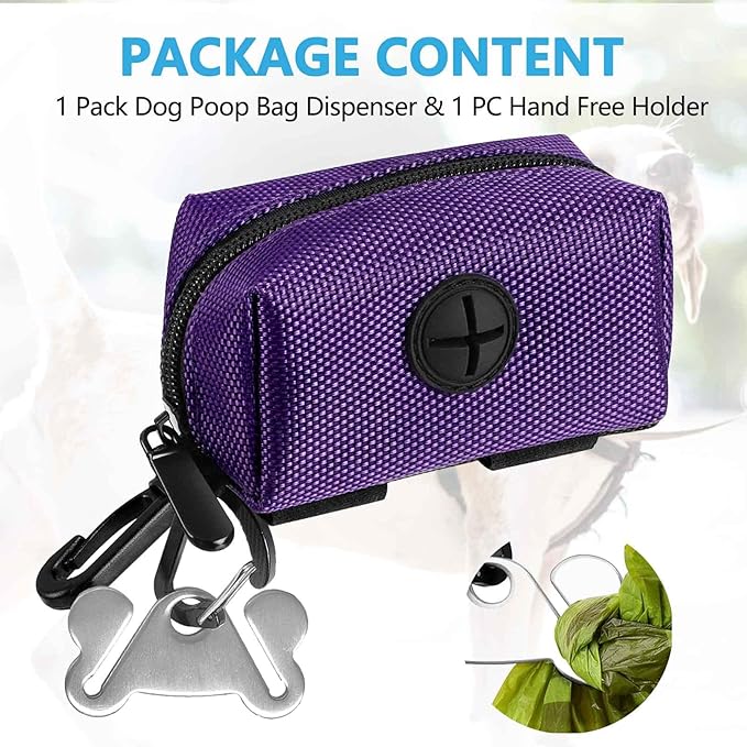 Dog Poop Bag Holder for Leash Attachment Dog Poop Bag Dispenser Dog Waste Bag Dispenser for Leash Accessory Portable Set Fit Dog Leash - Dog Poop Bags Holder & 1 Hand Free Holder Metal Carrier, Purple