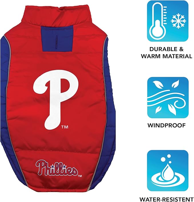 Pets First MLB Philadelphia Phillies Puffer Vest for Dogs & Cats, Medium. Warm, Cozy, & Waterproof Dog Coat, for Small & Large Dogs/Cats. Best MLB Licensed PET Warming Sports Jacket (PHP-4081-MD)