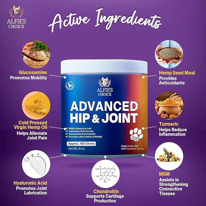 ALFIE'S CHOICE Hip and Joint Chews for Dogs - Advanced Hemp & Glucosamine for Dogs, Hip Joint Supplement for Dogs, Chicken Flavor Dog Joint Supplement Large Breed & Small Breed - 12 oz, Appx 160 Ct