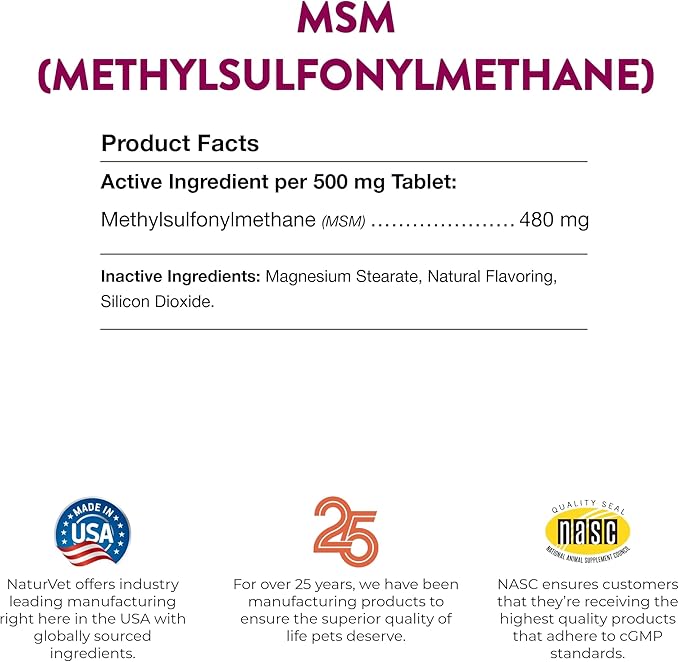 NaturVet Methylsulfonylmethane Joint Support Dog Supplement – Helps Support Healthy Cartilage, Tissue and Joints in Dogs – Includes MSM, Sulfur-Rich Compounds – 250 Ct.