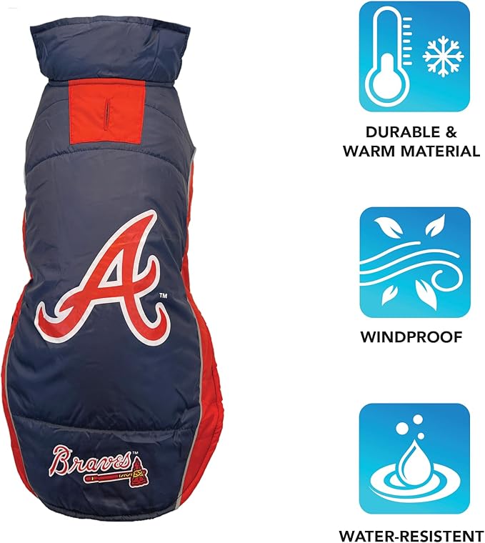 Pets First MLB Atlanta Braves Puffer Vest for Dogs & Cats, Size Small. Warm, Cozy, and Waterproof Dog Coat, for Small and Large Dogs/Cats. Best MLB Licensed PET Warming Sports Jacket (BRV-4081-SM)