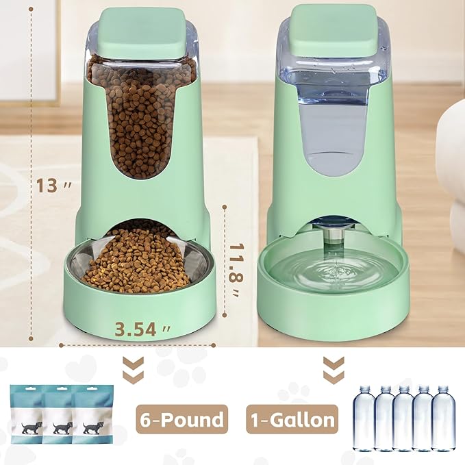 2 Pack Automatic Cat Feeder and Water Dispenser with Stainless Steel Dog Bowl Gravity Self Feeding for Small Medium Pets Puppy Kitten 1 Gallon x 2 (Pink) (green)