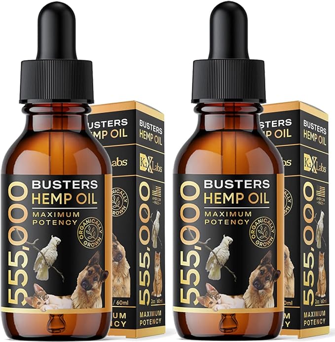 2-PACK Buster's Organic Hemp Oil for Dogs & Pets, 4-MONTH Supply, Large 60ml Bottles, 555,000 Max Potency, Joint Relief, Calming, Miracle Formula, Perfectly Balanced Omega 3, 6, 9, USA
