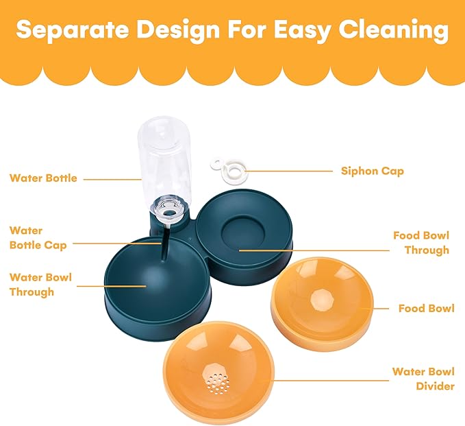 Noa Store Pet Food & Water Dispenser - 2-in-1 17oz Gravity-Fed Bowl for Dogs & Cats - Easy to Refill/Clean - Compact, Stylish Design - Keep Your Pet Hydrated & Fed on The Go - Orange, 8.2"x11.8"x7.4"
