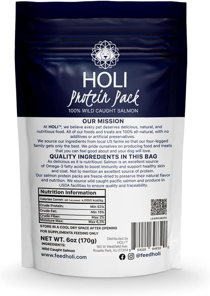 HOLI Freeze Dried Salmon Dog Food Topper - with Omega 3 & 6 - Single Ingredient, Human-Grade Wild Caught Salmon - Dog Food Flavor Enhancer for Picky Dogs – 100% All Natural - 6oz