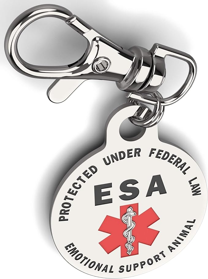 DOUBLE SIDED Emotional Support Animal ESA Tag Red Medical Alert Symbol and Protected by Federal Law 1.25 inch ID. Easily switch between collars harness and vest.