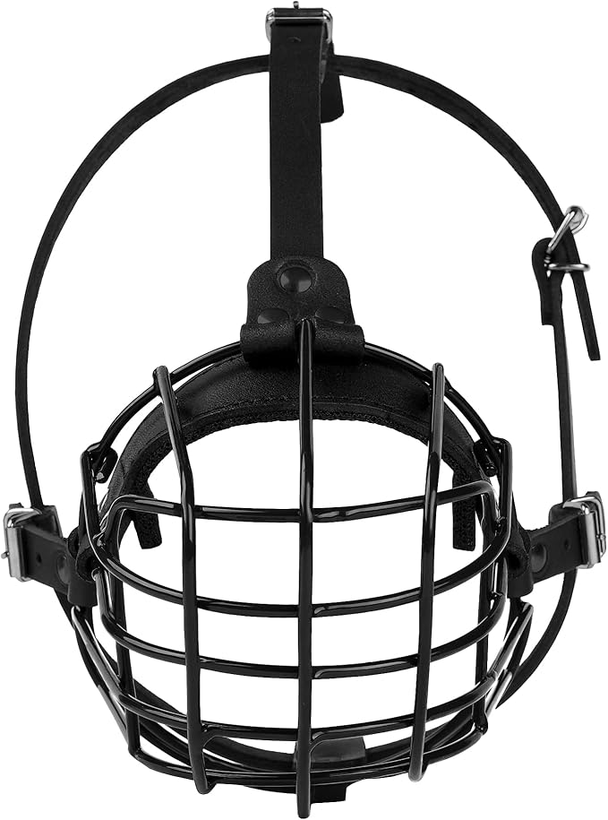 Pitbull Dog Muzzle Metal Mask Amstaff Secure Wire Basket Adjustable Durable Leather Straps for Large Dogs (Black)