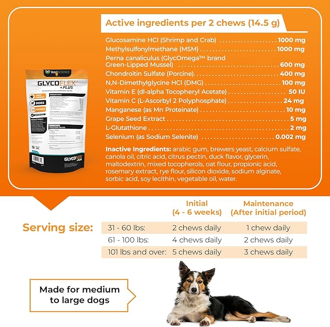 VetriScience GlycoFlex Plus Hip and Joint Supplement for Dogs – Extra-Strength Joint Support Chews with Green Lipped Mussel, Chondroitin, and Glucosamine for Dogs