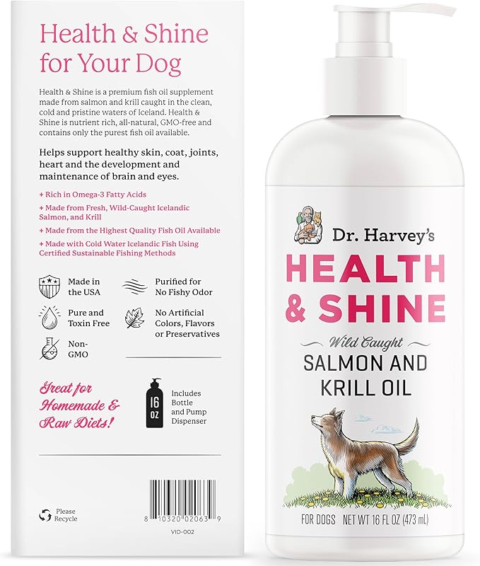Dr. Harvey's Health & Shine Salmon and Krill Fish Oil for Dogs- Supports Healthy Heart, Brain, and Eyes (16 FL OZ)