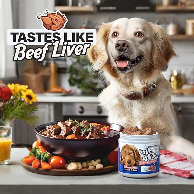 Charlie & Buddy Calming Chews for Dogs, Dog Anxiety Relief, Promote Relaxation, Dog Calming Chews with Melatonin for Dogs, Chamomile, Magnesium Citrate, 90 Soft Chews, Beef Liver Flavor
