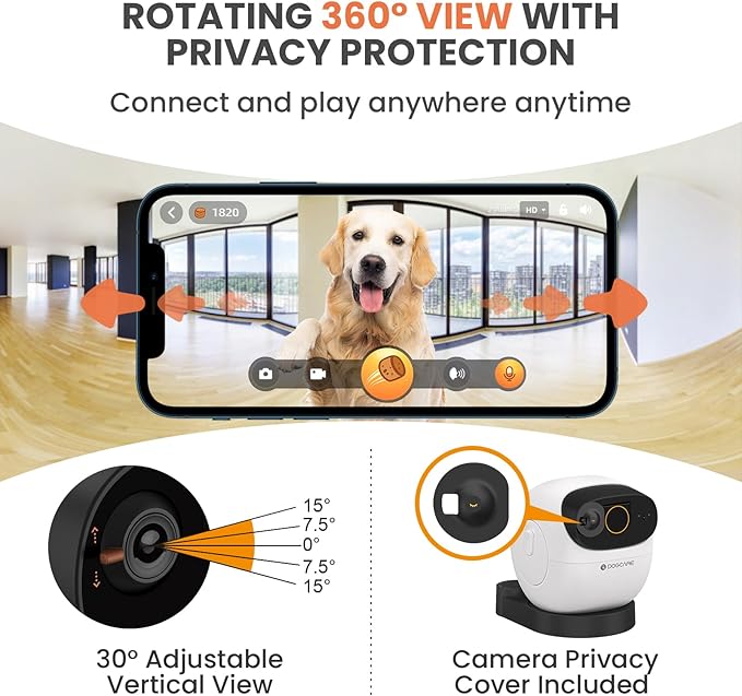 DOG CARE Dog Camera Treat Dispenser, 1080p HD 360° View Pet Camera with AI Tracking, Barking Alert, Selfie Alert, 2-Way Audio, Night Vision, 2.4G/5G WiFi Pet Monitor for Dogs Cats (White)