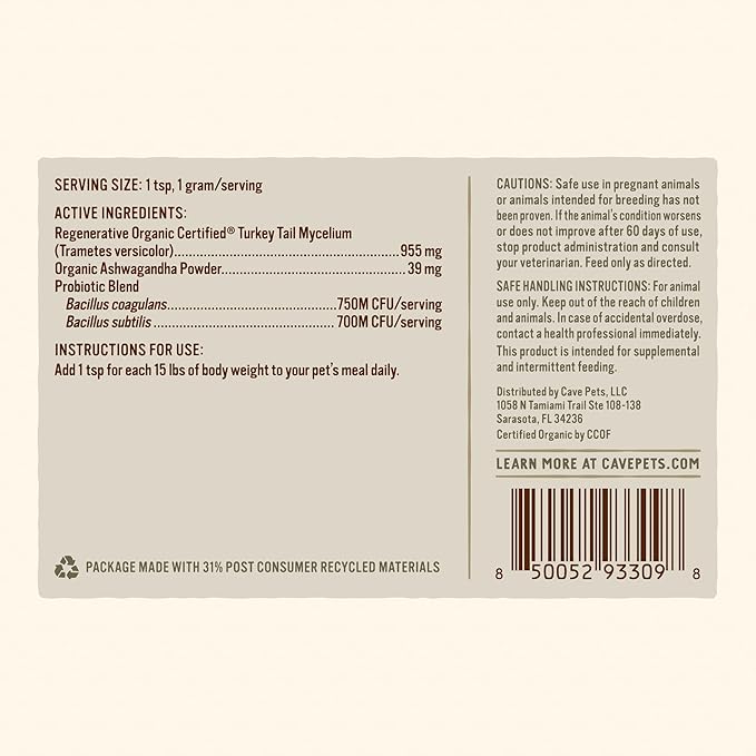 Super Blend Powder, Mushroom Mycelium and Dog Probiotic Supplement for Brain and Digestive Health, Turkey Tail & Probiotics