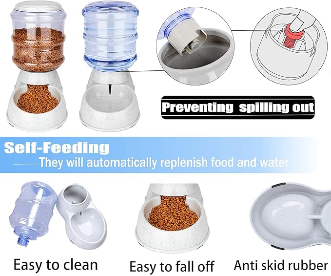 Automatic Feeder and Water Dispenser in Set,Gravity Food Feeder and Waterer with Pet Food Mat,Large, 3 Gallonx 2, Gray (Water and Food Dispenser Set)
