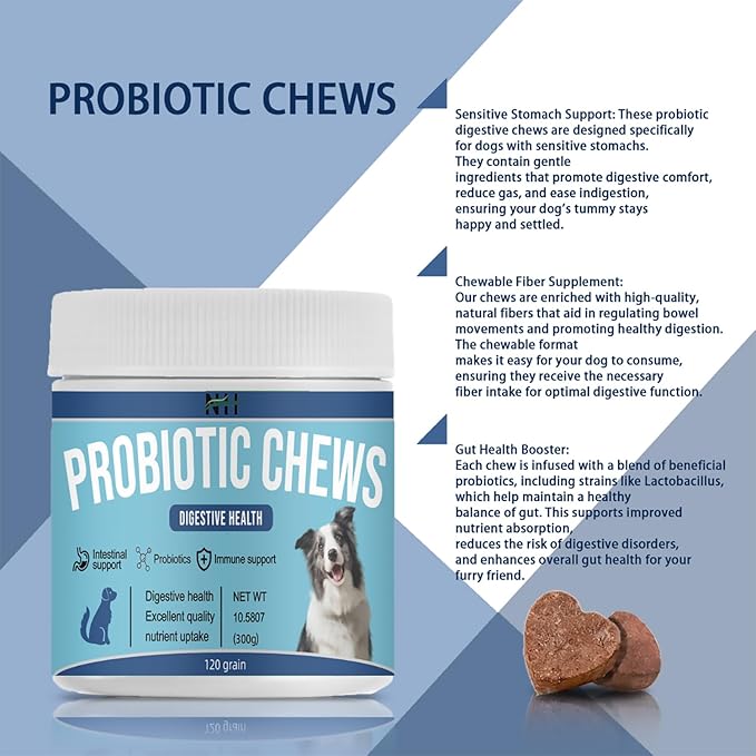 Probiotics for Dogs, Dog Digestive Support & Gas Relief, Dog Gut Health, Bad Breath, Allergies, Constipation, Diarrhea, Contains Probiotics, Prebiotics, Papaya Powder, Krill oi, 120 Chews for Dog