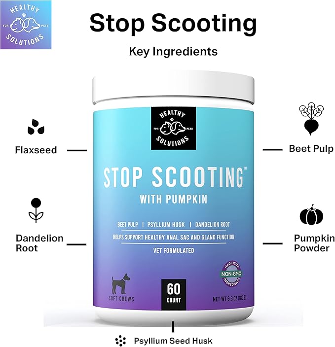 Dog Fiber Soft Chews Supplement - Stop Scooting Digestive Formula Enhanced with Pumpkin, Psyllium Husk, & Beet Pulp - Supports Dogs Healthy Anal Gland, Stool & Constipation - Made in USA, 60 ct