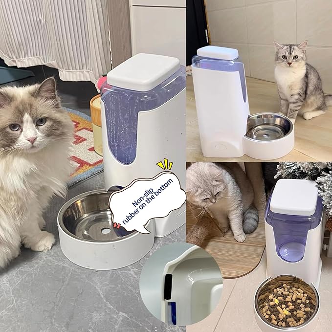 Hamiledyi Pets Automatic Gravity Feeder Dogs 2.8L Food & 4L Water Dispenser Set with Stainless Steel Bowl for Small Medium Big Puppy Kitten(White)