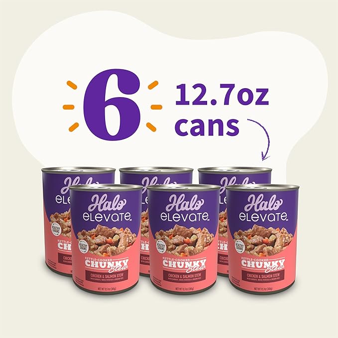 Halo Elevate Wet Dog Food, Kettle Cooked Chunky Healthy Grains Chicken & Salmon Stew with Carrots, White Potatoes and Brown Rice, 12.7oz (Pack of 6)