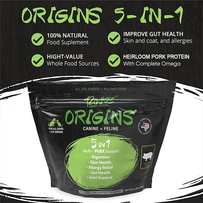 Origins 5-in-1 Dog Supplement - Powdered Food Topper w/Natural Heirloom Pork Protein- Supports Healthy Digestion, Skin, and Coat - Helps Reduce Itching & Joint Inflammation (5 lbs)