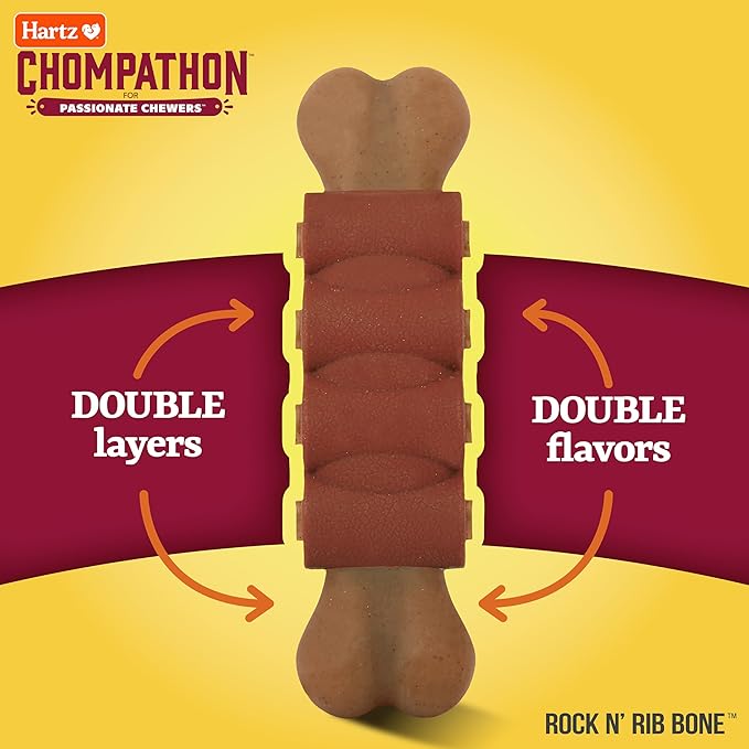 Hartz New Chompathon Rock 'N Rib Bone Dog Chew Toy for Aggressive Chewers, Double Layered Flavored with Chicken & Beef