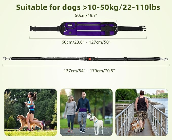Pecute Hands Free Dog Leash with Pouch, Waist Belt Fanny Pack with Soft Pads, Dual Padded Handles, and Durable Bungee for Walking, Hiking, Jogging Biking, and Running (Up to 220lbs) Purple