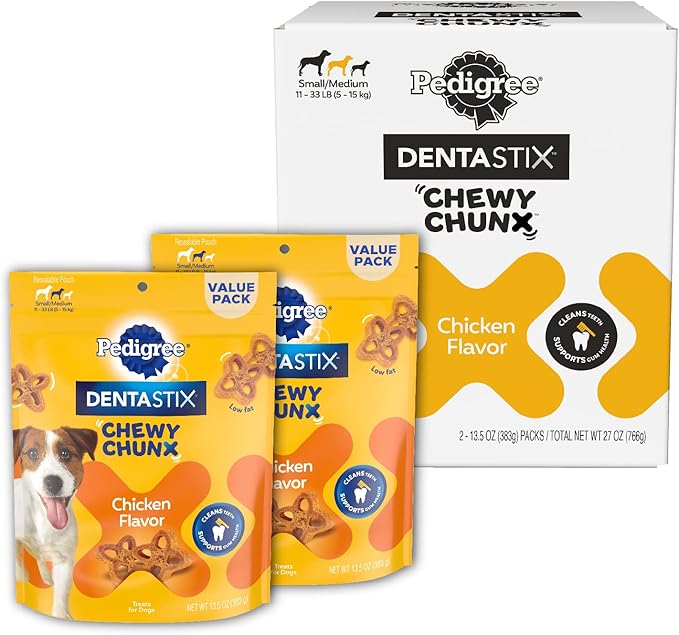 Pedigree DentaStix Chewy Chunx Dental Treats, Small/Medium Dog, 13.5 oz Pouches, Pack of 2