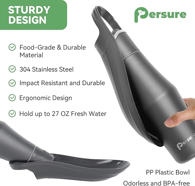 Dog Water Bottle, Portable Dog Water Bottle Dispenser - 27 OZ Stainless Steel Leak-Proof Water Bottle for Dogs On The Go, Perfect for Travel, Walking, Hiking and Outdoor Activities, Whole Grey