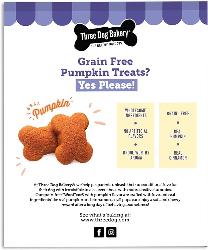 Three Dog Bakery Grain Free Wafers Baked Dog Treats, Pumpkin, 13 oz (Pack of 2)