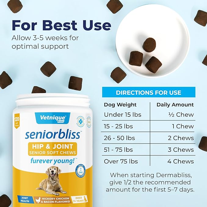 Vetnique Seniorbliss Senior Dog Joint Supplement with Glucosamine and Chondroitin for Dogs Joint Support and Healthy Cartilage Development - for Small & Large Breeds (Hip & Joint Chew, 120ct)