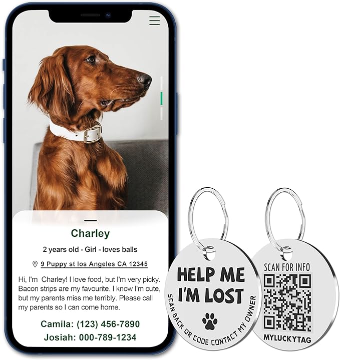 MYLUCKYTAG Stainless Steel QR Code Pet ID Tags Dog Tags - Pet Online Profile - Scan QR Receive Instant Pet Location Alert Email