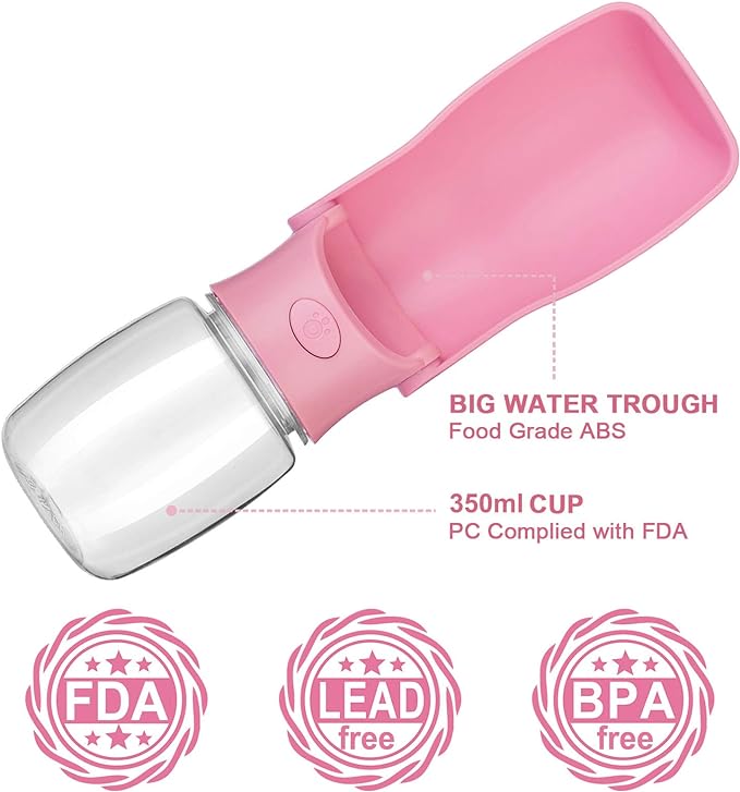 Dog Water Bottle Portable - Leak Proof Foldable Pet Water Dispenser for Dogs & Cats, 350ml Dog Water Bowl Drink Cup Summer Accessories for Outdoor Travel Walk Hinking (Pink)