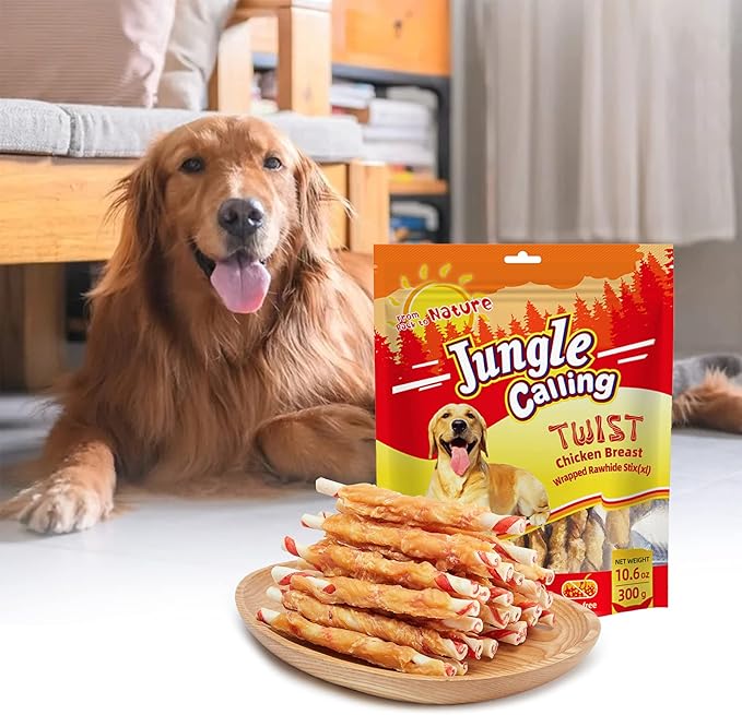 Jungle Calling Dog Treats, Natural Chicken Wrapped Rawhide Sticks, Grain-Free Training Rewards Chews for Small and Medium Puppy,10.6oz