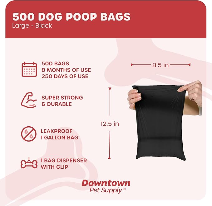Downtown Pet Supply 500 Count Dog Poop Bags Refills with Leash Clip and Bone Bag Dispenser, Black - Dog Waste Bags Unscented and Leak-Proof with Dog Poop Bag Dispenser - 12.5 x 8.5"