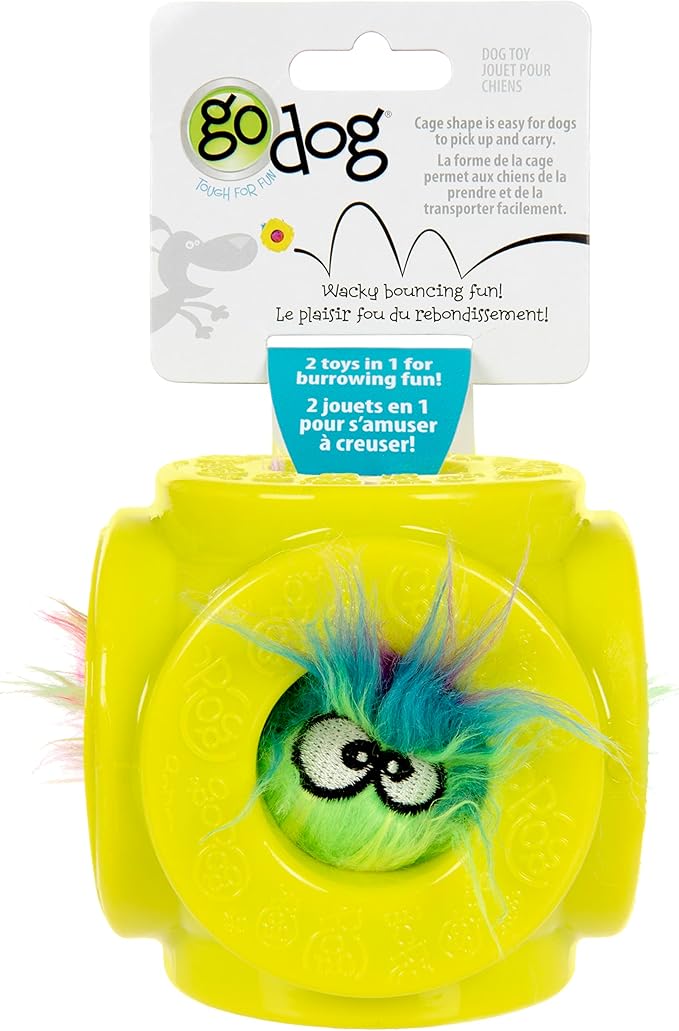 goDog Cage Ball 2-in-1 Burrow Bounced w/Furballz Squeaky Plush Ball Dog Toy - Yellow, One Size