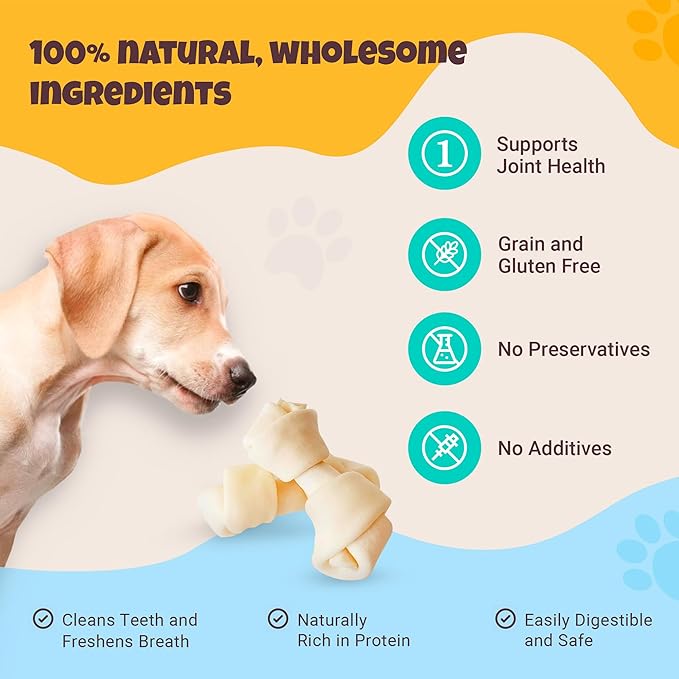 Dog Natural Rawhide Bones, Dog Chew Treats, Long Lasting Dog Chews, Knotted Bones 4”-5” (50873)
