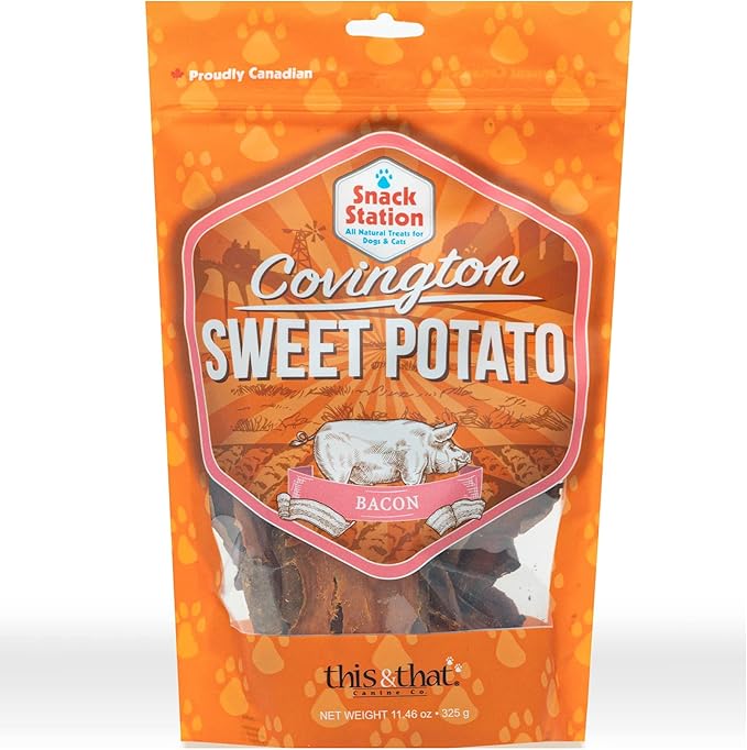 Covington Sweet Potato - Bacon - 11.46 oz, Dehydrated Dog Treats, Vitamin Rich All Natural Chew, This & That Canine Co