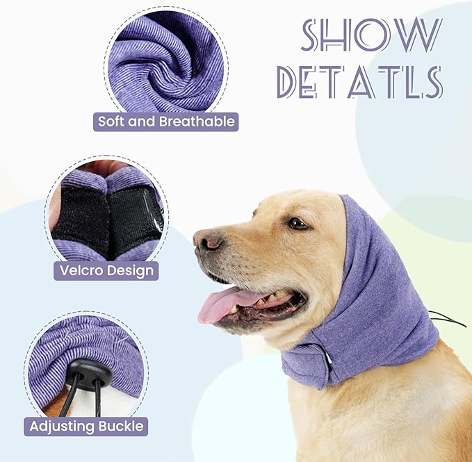 Dog Ear Cover for Anxiety Relief, Dog Ear Muffs, Dog Calming Hoodie Head Cover Sleeves with Velcro, Pet Cats and Dogs Ear Protector, and Bathing Warm Winter Dog Ear Scarf(Purple, S)