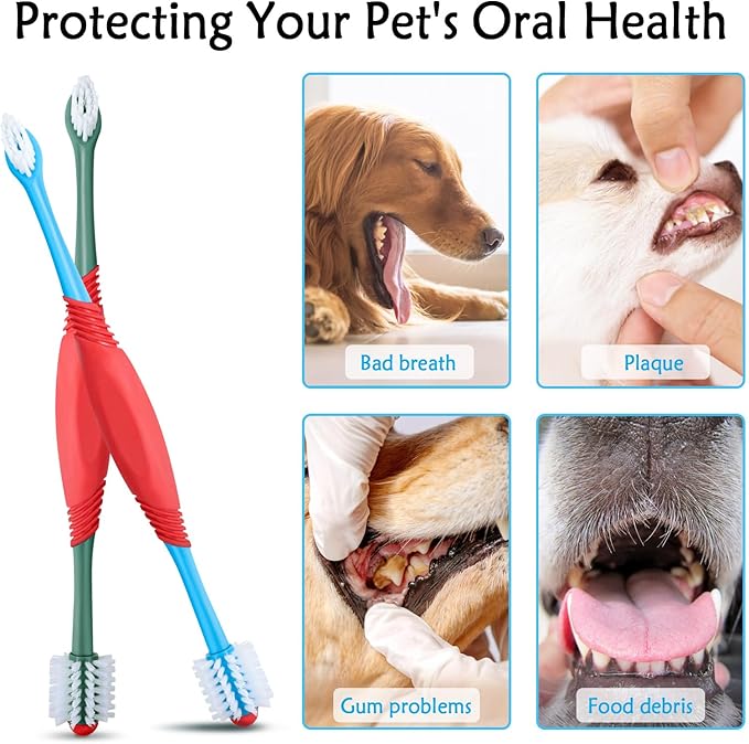 2PCS Dog Toothbrush 360 Degree Dog Tooth Brush, Dual Head Dog Tooth Brushing Kit Non Slip Toothbrush for Dogs and Cat Teeth Clean Pet Toothbrush Dental Care