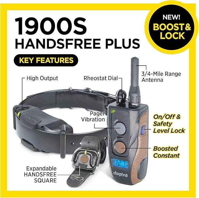 Dogtra 1900S HANDSFREE PLUS Boost and Lock, Remote Dog Training E-Collar, HANDSFREE SQUARE, 3/4-Mile Range, Rechargeable, Waterproof, High-Output, 1 Dog System, eCollar for Medium, Large Dogs