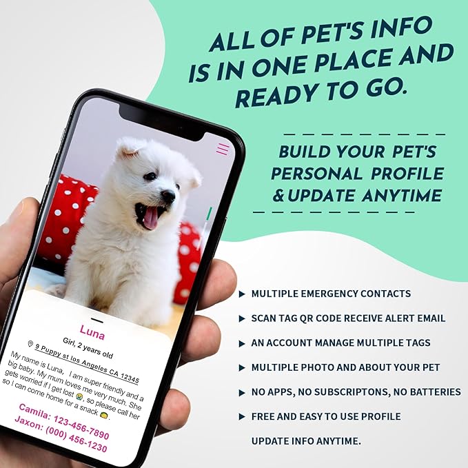 MYLUCKYTAG QR Code Pet ID Tags Dog Tags - Pet Online Profile - Scan QR Receive Instant Pet Location Alert Email