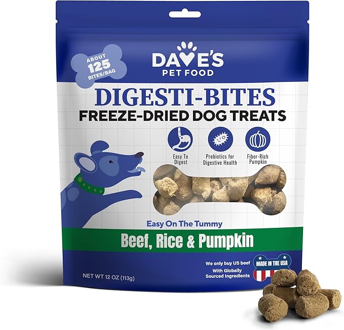 Dave’s Pet Food Digesti-Bites Easy to Digest Freeze Dried Beef and Beef Liver Dog Treats with Pumpkin Fiber & Probiotics, Complete & Balanced Nutritious, Freeze Dried Dog Food Topper, USA Made (12 oz)