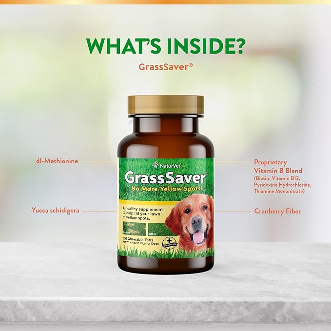 NaturVet GrassSaver Dog Supplement – Helps Neutralizes Urine to Eliminate Yellow Lawn Spots – Includes B-Complex Vitamins, Amino Acids – Tasty Soft Chew Supplements for Dogs – 250 Ct.