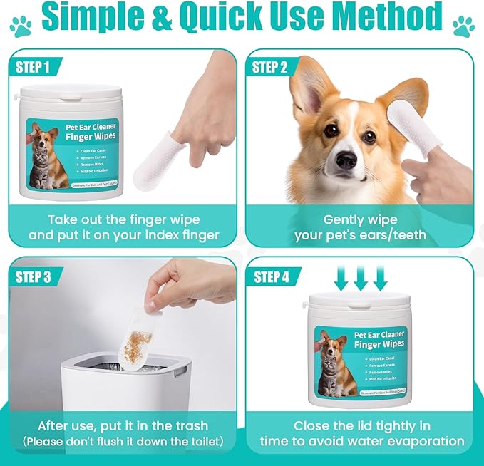 2-Pack Teeth and Ear Cleaner Finger Wipes, Dog and Cat Grooming Kit, Soothing Odor Control, Reduces Dirt and Wax Buildup, Cleans Teeth and Reduces Tartar and Odor, 100 Tablets